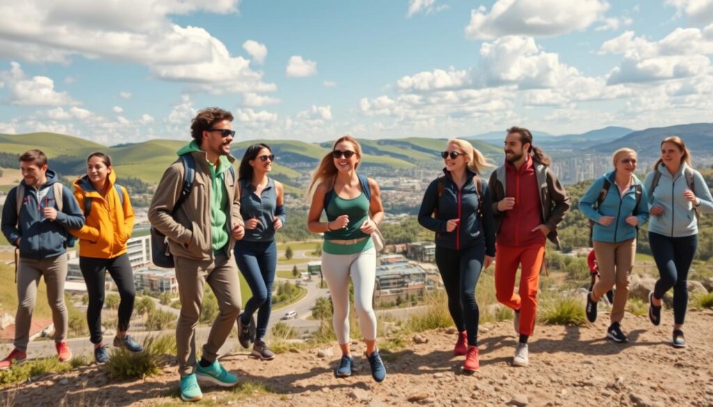 A vibrant scene showcasing Iguana clothing in both outdoor and urban environments. In the foreground, a diverse group of individuals dressed in stylish, active wear inspired by Iguana, such as jackets, pants, and sporty footwear, are engaged in various activities like hiking, running, and socializing. The middle ground features a dynamic urban landscape with modern architecture, parks, and pathways, blending nature and city life. The background shows rolling green hills and hints of a bustling city skyline under a bright blue sky with fluffy clouds. The lighting is warm and inviting, creating a lively and energetic mood. The scene captures the essence of active lifestyle clothing that transitions seamlessly from rugged terrains to urban settings. A vibrant scene showcasing Iguana clothing in both outdoor and urban environments. In the foreground, a diverse group of individuals dressed in stylish, active wear inspired by Iguana, such as jackets, pants, and sporty footwear, are engaged in various activities like hiking, running, and socializing. The middle ground features a dynamic urban landscape with modern architecture, parks, and pathways, blending nature and city life. The background shows rolling green hills and hints of a bustling city skyline under a bright blue sky with fluffy clouds. The lighting is warm and inviting, creating a lively and energetic mood. The scene captures the essence of active lifestyle clothing that transitions seamlessly from rugged terrains to urban settings.