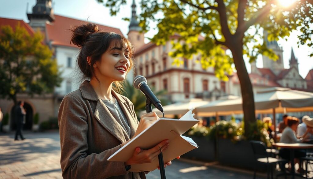 A vibrant scene showcasing Kraków, featuring the historic architecture of the Old Town in the background, with the iconic Wawel Castle and St. Mary's Basilica visible. In the foreground, a young female vocalist, dressed in stylish yet modest attire, is practicing her singing outdoors near a lively café. She is passionately holding a microphone, with a sketchbook and pen beside her, symbolizing her songwriting process. The atmosphere is lively and inspirational, reflecting the vibrant cultural life of the city. Soft sunlight filters through the trees, casting delicate shadows, and capturing the essence of creativity and ambition in this beautiful setting. The perspective is slightly angled to capture both the singer and the enchanting landscape of Kraków. A vibrant scene showcasing Kraków, featuring the historic architecture of the Old Town in the background, with the iconic Wawel Castle and St. Mary's Basilica visible. In the foreground, a young female vocalist, dressed in stylish yet modest attire, is practicing her singing outdoors near a lively café. She is passionately holding a microphone, with a sketchbook and pen beside her, symbolizing her songwriting process. The atmosphere is lively and inspirational, reflecting the vibrant cultural life of the city. Soft sunlight filters through the trees, casting delicate shadows, and capturing the essence of creativity and ambition in this beautiful setting. The perspective is slightly angled to capture both the singer and the enchanting landscape of Kraków.
