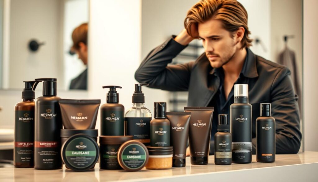 A visually appealing arrangement of men's hairstyling products, including pomades, waxes, and sprays, displayed on a modern vanity table. The products should feature sleek, masculine packaging with earthy tones like deep greens, browns, and grays. In the foreground, a well-groomed male model with medium-length hair styled effortlessly is applying product to his hair, wearing a stylish yet casual outfit. The background has a softly blurred bathroom setting with warm, natural lighting and minimalist decor, creating an inviting and professional ambiance. The overall atmosphere should convey sophistication and practicality, emphasizing the importance of proper hair care and styling for men with longer hair. A visually appealing arrangement of men's hairstyling products, including pomades, waxes, and sprays, displayed on a modern vanity table. The products should feature sleek, masculine packaging with earthy tones like deep greens, browns, and grays. In the foreground, a well-groomed male model with medium-length hair styled effortlessly is applying product to his hair, wearing a stylish yet casual outfit. The background has a softly blurred bathroom setting with warm, natural lighting and minimalist decor, creating an inviting and professional ambiance. The overall atmosphere should convey sophistication and practicality, emphasizing the importance of proper hair care and styling for men with longer hair.
