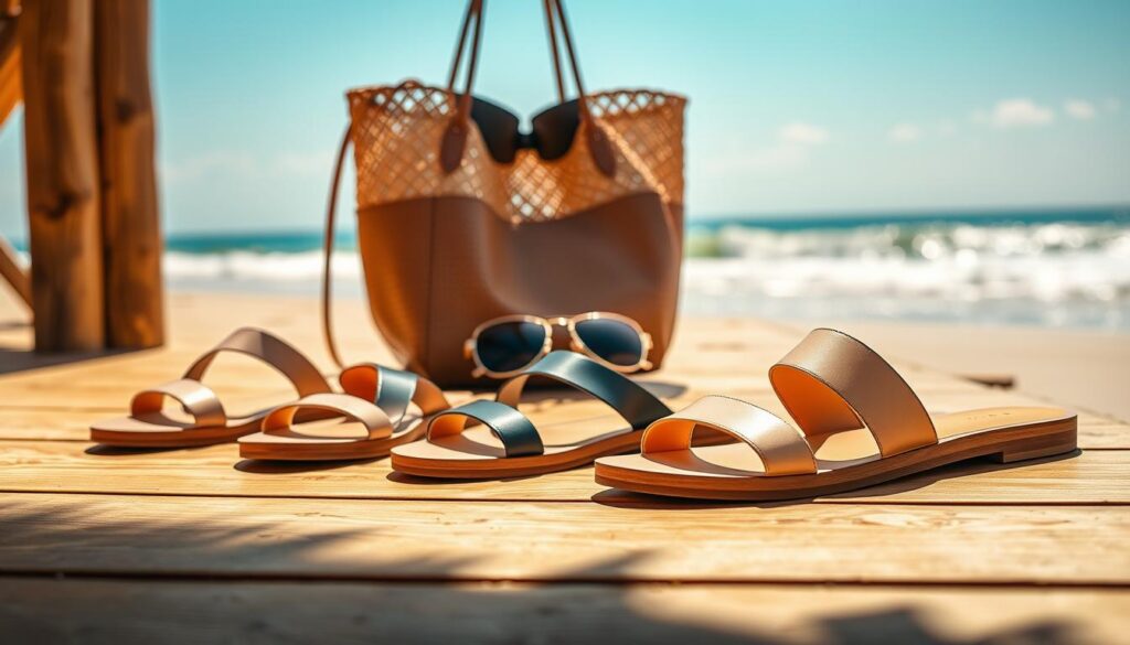 A visually striking scene featuring elegant women's sandals and slides designed for warm days, displayed prominently in the foreground on a sunlit wooden deck. The sandals are a mix of minimalist styles and vibrant colors, showcasing refined craftsmanship typical of R.Polański, with comfortable cushioning and delicate straps. In the middle ground, a stylish beach bag and a pair of sunglasses create a chic summer vibe. The background captures a serene beach setting with soft waves lapping at the shore under a bright blue sky, conveying a relaxed atmosphere. The lighting is warm and inviting, reminiscent of a glorious summer day, with natural sunlight accentuating the textures and colors of the footwear. The perspective is slightly elevated, giving a clear view of the sandals against the idyllic backdrop.
