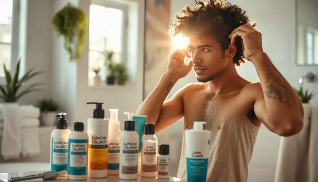 A well-groomed man with curly hair standing in a cozy bathroom, surrounded by various hair care products tailored for curly hair. In the foreground, there are bottles of conditioner and curl cream arranged neatly on the counter. The middle ground features the man applying a styling product to his curls, using a mirror to check the results. Soft, natural morning light streams in through a window, illuminating his hair and creating a warm, inviting atmosphere. The background hints at a stylish, modern bathroom with fresh towels and houseplants, emphasizing a sense of self-care and routine. The overall mood is relaxed and focused, conveying the importance of daily maintenance for curly hair. A well-groomed man with curly hair standing in a cozy bathroom, surrounded by various hair care products tailored for curly hair. In the foreground, there are bottles of conditioner and curl cream arranged neatly on the counter. The middle ground features the man applying a styling product to his curls, using a mirror to check the results. Soft, natural morning light streams in through a window, illuminating his hair and creating a warm, inviting atmosphere. The background hints at a stylish, modern bathroom with fresh towels and houseplants, emphasizing a sense of self-care and routine. The overall mood is relaxed and focused, conveying the importance of daily maintenance for curly hair.