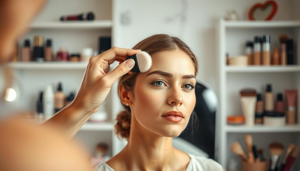 A well-lit beauty studio scene featuring a professional makeup artist demonstrating the technique of blending a makeup primer with foundation. In the foreground, a close-up of the artist's hands skillfully applying a lightweight, creamy primer onto a model's skin using a makeup sponge. The middle ground shows the model's face, showcasing natural skin tones and a flawless, fresh appearance. The background contains soft-focused shelves filled with various makeup products and brushes, enhancing the beauty studio atmosphere. The lighting is bright and diffused, creating a warm, inviting mood. The angle should capture the application process from slightly above, emphasizing the technique while ensuring the focus remains on the blending method to avoid any cakey or mask-like finish.