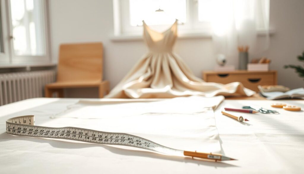 A well-lit sewing workspace featuring a neatly laid-out dress on a table, equipped with measuring tape, chalk, and pins for preparation. In the foreground, a close-up shot of a measuring tape next to the dress, emphasizing precision in taking measurements for alteration. The middle of the image shows the dress draped elegantly, revealing its fabric texture and color, while tools like scissors and a fabric pencil are subtly placed nearby. In the background, soft natural light filters through a window, casting gentle shadows, creating a calming and focused atmosphere. The overall mood is one of craftsmanship and creativity, showcasing the careful process of preparing a dress for adjustment without using a sewing machine.