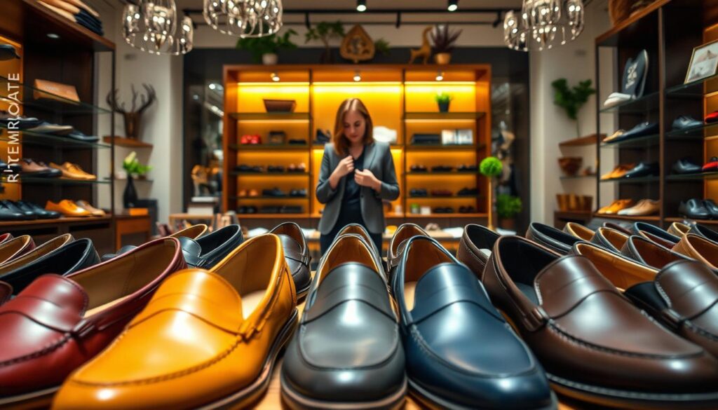 A well-organized shoe display featuring a variety of Remonte shoes in a stylish retail store setting. In the foreground, showcase several pairs of elegant, comfortable-looking shoes in different colors and styles, highlighting their intricate designs and quality materials. The middle layer includes a shopper in professional attire, thoughtfully examining the shoes, creating a relatable context for the selection process. In the background, the store's vibrant and inviting atmosphere features tasteful shelving, warm lighting, and decorative elements that evoke a sense of comfort and style. The lighting is soft yet bright, capturing the rich textures of the shoes while creating an inviting mood that resonates with the theme of comfort and quality. A well-organized shoe display featuring a variety of Remonte shoes in a stylish retail store setting. In the foreground, showcase several pairs of elegant, comfortable-looking shoes in different colors and styles, highlighting their intricate designs and quality materials. The middle layer includes a shopper in professional attire, thoughtfully examining the shoes, creating a relatable context for the selection process. In the background, the store's vibrant and inviting atmosphere features tasteful shelving, warm lighting, and decorative elements that evoke a sense of comfort and style. The lighting is soft yet bright, capturing the rich textures of the shoes while creating an inviting mood that resonates with the theme of comfort and quality.