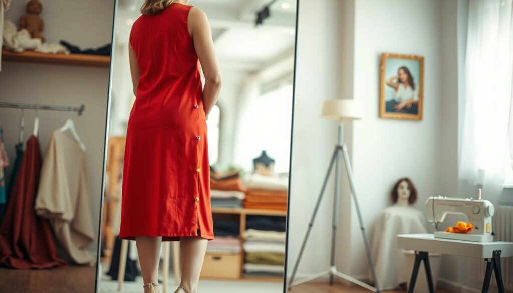 A woman in a stylish, modest dress is standing in front of a mirror, assessing the fit of her garment, which has been temporarily pinned with colorful sewing pins and safety pins along the sides. She is wearing classic high-heeled shoes, adding a touch of elegance to her posture. The scene is brightly lit, highlighting the vibrant colors of the dress and the reflective surface of the mirror. The background has a soft, blurred interior of a cozy, well-decorated fitting room with fabric swatches and sewing tools artistically arranged. The mood is focused yet uplifting, showcasing a personal moment of creativity and self-expression in fashion alteration. The camera angle captures the full-length view of the woman, emphasizing her engagement with the fitting process, while ensuring a clear depiction of the dress's adjustment.