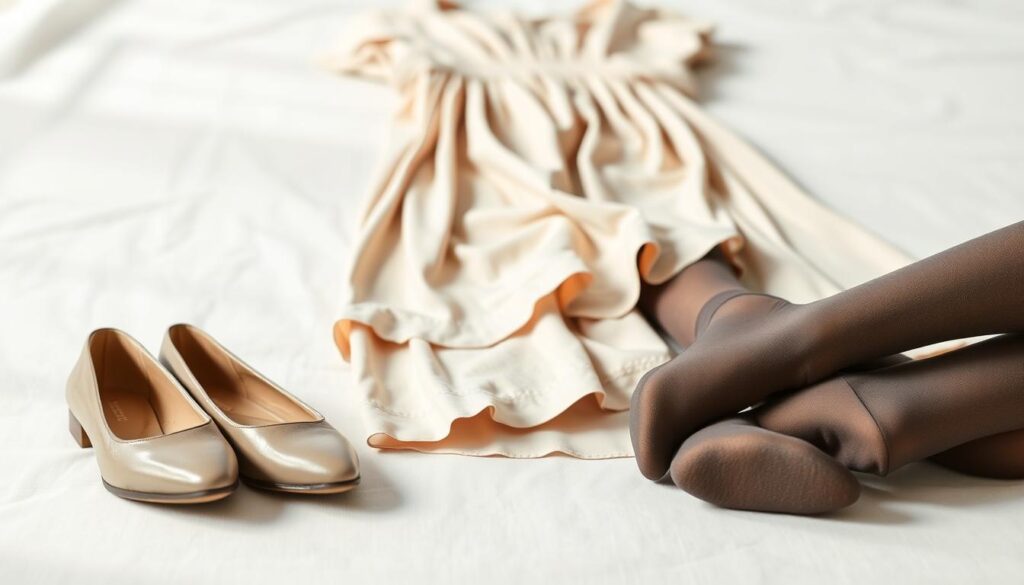 An elegant flat lay composition featuring a harmonious outfit display. In the foreground, a pair of stylish, knee-length shoes in a muted color, alongside a chic pair of patterned tights in a complementary shade. The middle ground showcases a fashionable dress draped elegantly, designed with soft fabrics and a classic silhouette, echoing the colors of the shoes and tights for visual cohesion. The background is softly blurred, with pastel tones to enhance the main elements, creating a light and airy atmosphere. Natural lighting highlights the textures and details, while the angle captures the ensemble from a slightly elevated perspective. The overall mood is sophisticated, aiming to inspire with a polished, curated style. An elegant flat lay composition featuring a harmonious outfit display. In the foreground, a pair of stylish, knee-length shoes in a muted color, alongside a chic pair of patterned tights in a complementary shade. The middle ground showcases a fashionable dress draped elegantly, designed with soft fabrics and a classic silhouette, echoing the colors of the shoes and tights for visual cohesion. The background is softly blurred, with pastel tones to enhance the main elements, creating a light and airy atmosphere. Natural lighting highlights the textures and details, while the angle captures the ensemble from a slightly elevated perspective. The overall mood is sophisticated, aiming to inspire with a polished, curated style.
