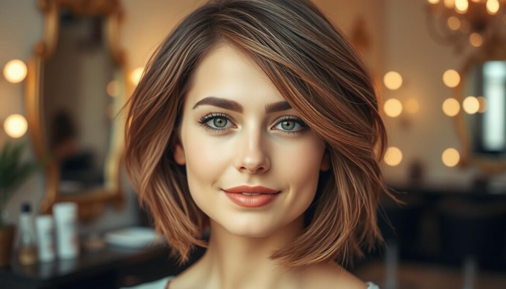 Asymmetrical choppy bob hairstyle on a model with fine hair, showcasing a layered cut that adds volume and movement. The model has a fresh, modern look, styled with soft waves that enhance the bob's shape. The foreground captures her confident expression, framed by softly lit hair that glimmers with health. In the middle, the focus is on the textured layers of the haircut, highlighting the subtle variations in length and style, creating a sense of lightness and dimension. The background features a softly blurred salon environment, decorated with elegant mirrors and warm lighting that adds a cozy atmosphere. Overall, the image should exude a stylish and uplifting mood, celebrating the beauty of asymmetrical haircuts for fine hair. Asymmetrical choppy bob hairstyle on a model with fine hair, showcasing a layered cut that adds volume and movement. The model has a fresh, modern look, styled with soft waves that enhance the bob's shape. The foreground captures her confident expression, framed by softly lit hair that glimmers with health. In the middle, the focus is on the textured layers of the haircut, highlighting the subtle variations in length and style, creating a sense of lightness and dimension. The background features a softly blurred salon environment, decorated with elegant mirrors and warm lighting that adds a cozy atmosphere. Overall, the image should exude a stylish and uplifting mood, celebrating the beauty of asymmetrical haircuts for fine hair.