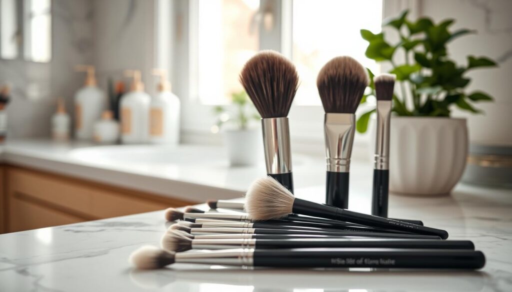 Close-up image of a clean makeup brush set arranged neatly on a marble countertop. The brushes are arranged by size, with bristles glistening under soft natural light coming from a nearby window. In the background, a gentle blur of a tranquil bathroom setting is visible, featuring elegant toiletries and a potted plant for a touch of greenery. The scene conveys a sense of cleanliness and organization, reflecting a well-maintained beauty routine. The composition is shot at a slightly elevated angle to capture the brushes’ textures, emphasizing their delicate fibers. The overall mood is calm and hygienic, inviting viewers to consider the importance of regularly cleaning makeup brushes.