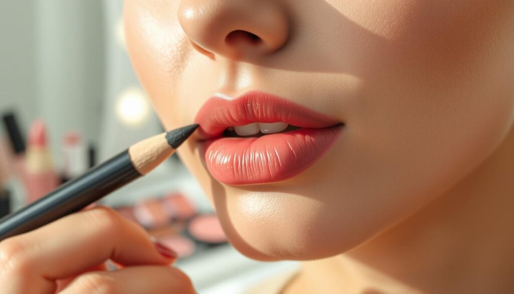 Close-up of beautifully contoured lips using a lip liner, showcasing a professional makeup application technique. The foreground highlights the lips, elegantly lined with a soft, natural-looking contour to enhance their shape. The middle layer includes a hand holding a lip liner pencil, skillfully defining the lip contour. The background is a softly blurred makeup vanity, adorned with various cosmetic products like lip gloss and blush, exuding a warm, inviting atmosphere. The lighting is bright and flattering, illuminating the lips with a soft sheen while casting gentle shadows that accentuate their fullness. The image captures a sense of glamour and sophistication, perfect for illustrating modern makeup techniques.