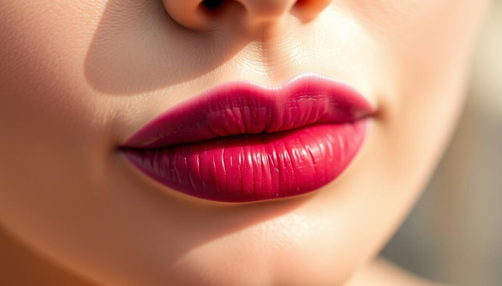 Close-up view of a pair of lips showcasing an artistic ombre effect created with two complementary shades of lipstick. The left side of the lips should be a soft lavender, gradually transitioning to a deeper plum on the right side, blending seamlessly at the center. The lips should appear full and well-defined, highlighted with a subtle glossy finish to enhance their 3D effect. The background is softly blurred, focusing on the lips, using a warm, natural light to emphasize the texture and depth of the lipstick. The composition should evoke a feeling of elegance and beauty, with a clean aesthetic that draws attention to the ombre technique.