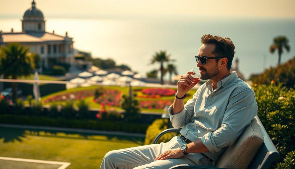 Hubert Hurkacz, a professional tennis player, is depicted in a serene setting outside a tennis court in Monte Carlo. He is casually dressed in a stylish, modest outfit, seated on a comfortable bench with a relaxed expression, possibly sipping a beverage. In the foreground, focus on his engaged demeanor, showcasing a moment of leisure. The middle ground reveals a beautifully landscaped garden with vibrant flowers and lush greenery, harmoniously blending into the surroundings. In the background, iconic Monte Carlo architecture and the distant glimmer of the Mediterranean Sea provide a picturesque backdrop. The scene is illuminated by soft, golden sunlight, casting gentle shadows that enhance the tranquil atmosphere. The image captures the essence of relaxation and elegance associated with Hurkacz’s life outside the competitive tennis circuit. Hubert Hurkacz, a professional tennis player, is depicted in a serene setting outside a tennis court in Monte Carlo. He is casually dressed in a stylish, modest outfit, seated on a comfortable bench with a relaxed expression, possibly sipping a beverage. In the foreground, focus on his engaged demeanor, showcasing a moment of leisure. The middle ground reveals a beautifully landscaped garden with vibrant flowers and lush greenery, harmoniously blending into the surroundings. In the background, iconic Monte Carlo architecture and the distant glimmer of the Mediterranean Sea provide a picturesque backdrop. The scene is illuminated by soft, golden sunlight, casting gentle shadows that enhance the tranquil atmosphere. The image captures the essence of relaxation and elegance associated with Hurkacz’s life outside the competitive tennis circuit.